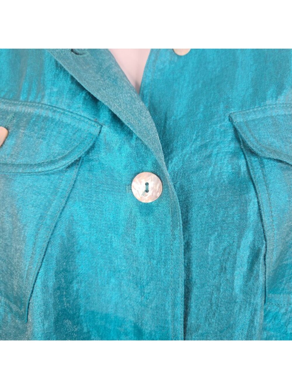 Vintage 90s Teal Blue Button-Up Drawstring Jacket Womens L Metallic Cropped - Picture 8 of 8